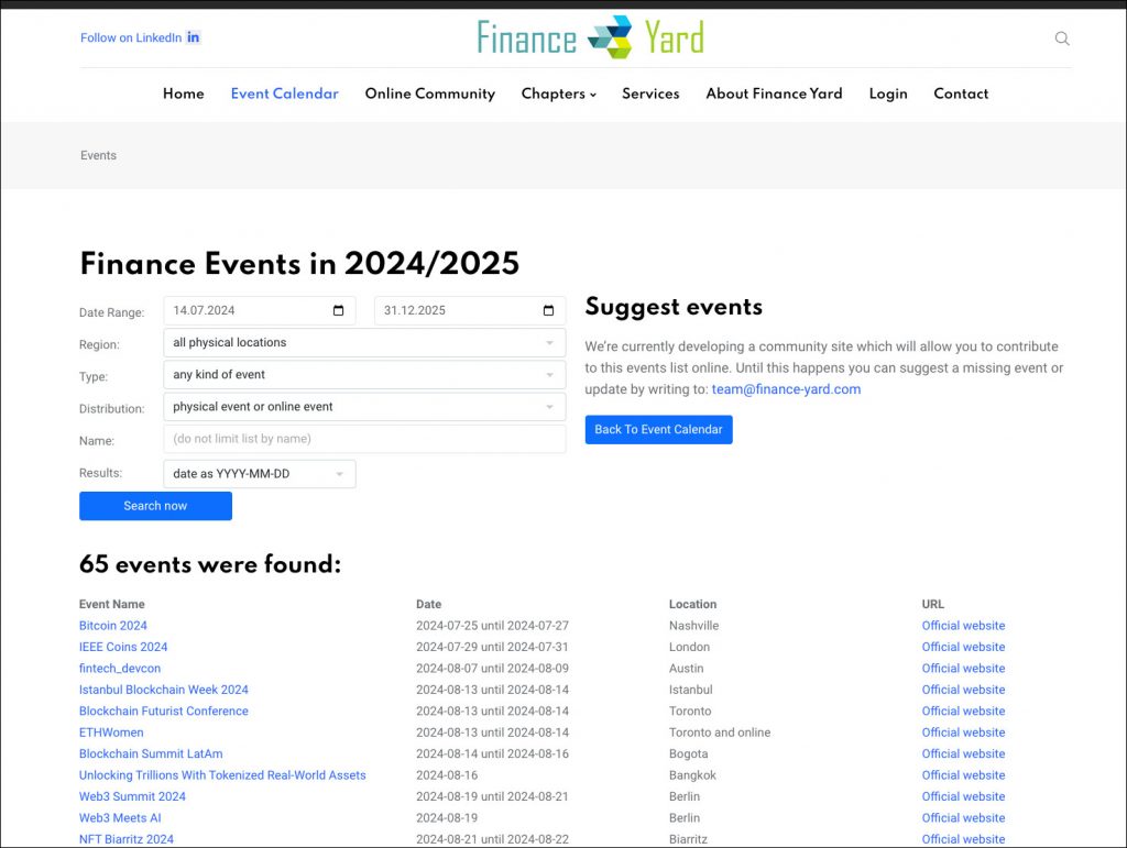 finance events - fintech event calendar - web3 meetups - overview of blockchain events - Finance Yard