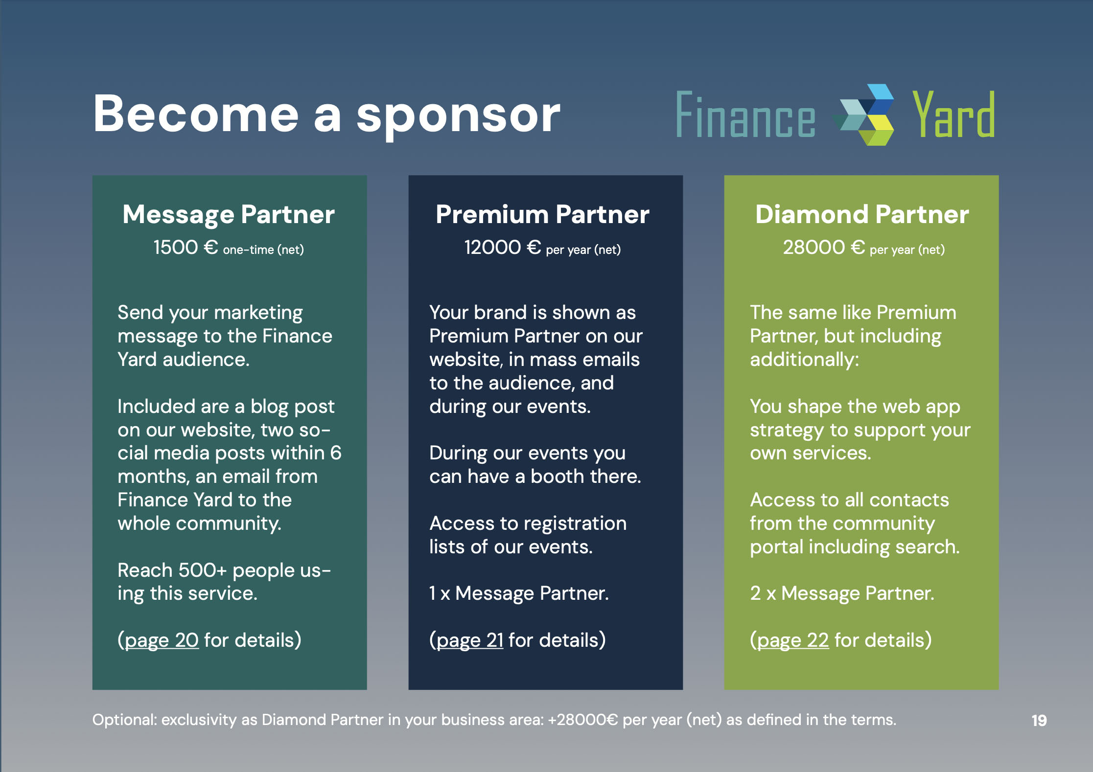 Finance Yard - Join as Partner - sponsoring options - digital assets - blockchain hub services
