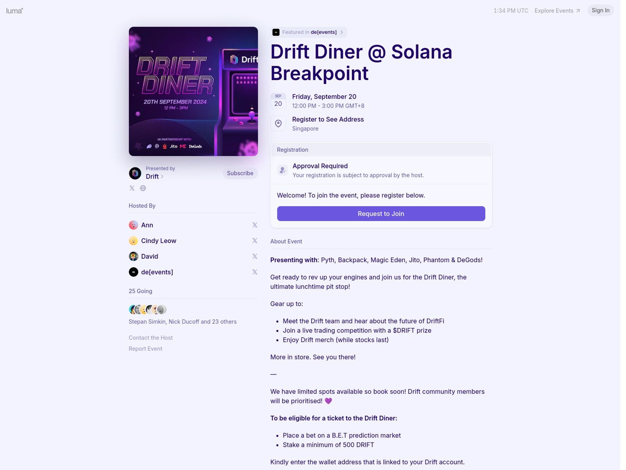 Drift Diner @ Solana Breakpoint website